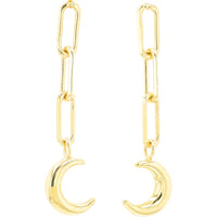10K Yellow Gold Paperclip Link Moon Drop Earrings with Polished Crescent Charms