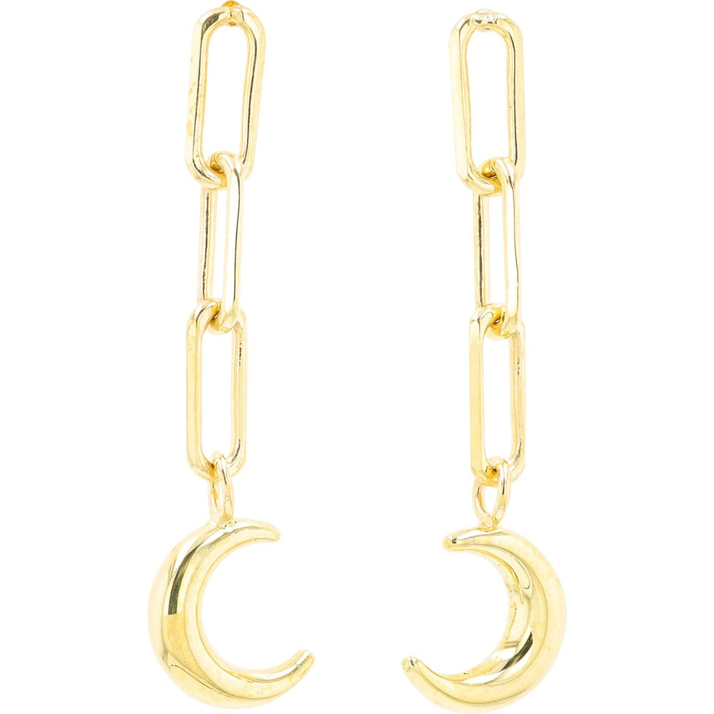 10K Yellow Gold Paperclip Link Moon Drop Earrings with Polished Crescent Charms