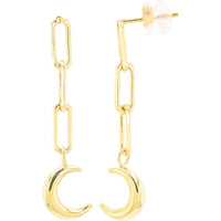 10K Yellow Gold Paperclip Link Moon Drop Earrings with Polished Crescent Charms
