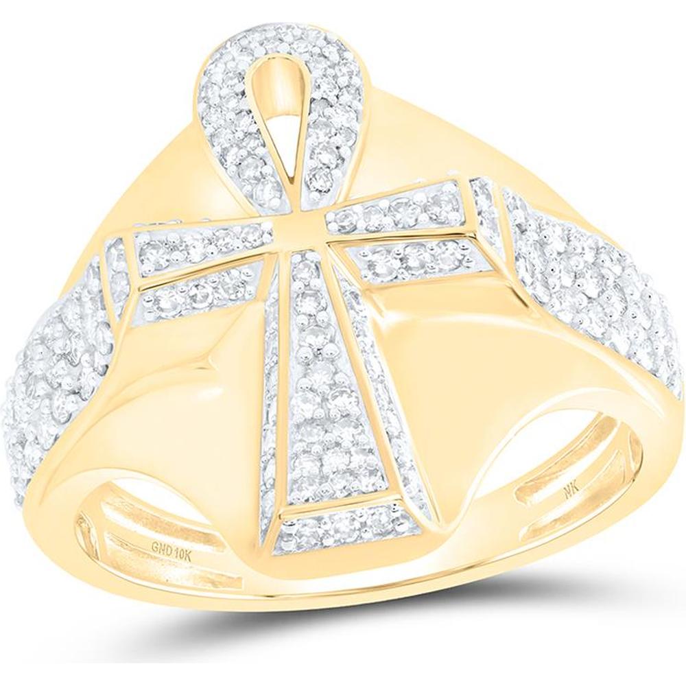 10K Yellow Gold Pavé Round Diamond Ankh Ring - 0.75 Carat Total Diamond Weight