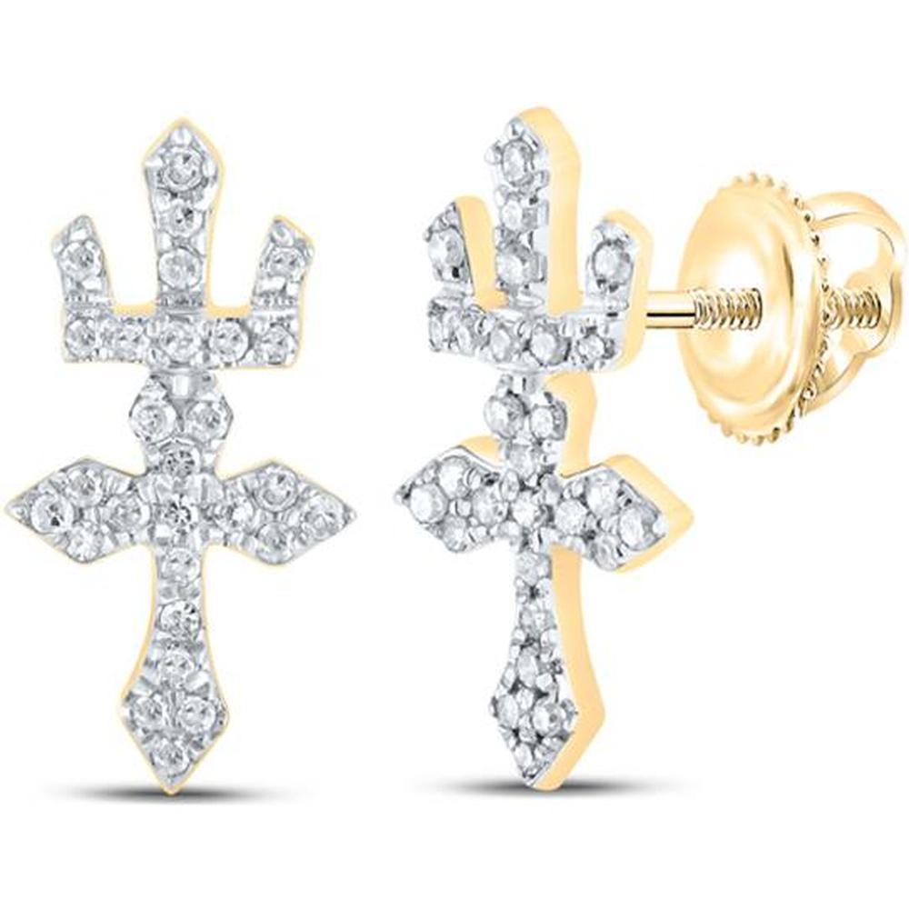 10K Yellow Gold Pavé Round Diamond Crown Cross Stud Earrings - 1/6 Carat Total Diamond Weight