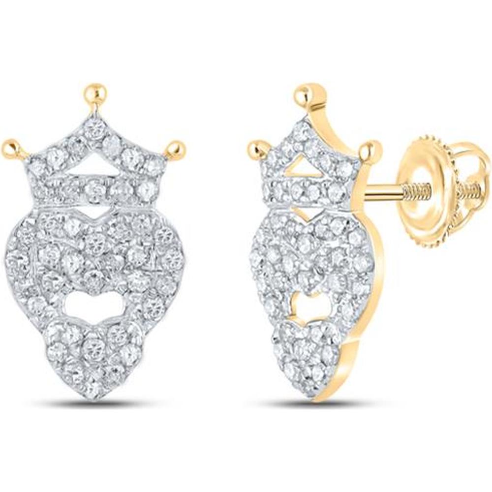 10K Yellow Gold Pave-Set Round Diamond Crown Heart Stud Earrings - 0.20 Carat Total Diamond Weight
