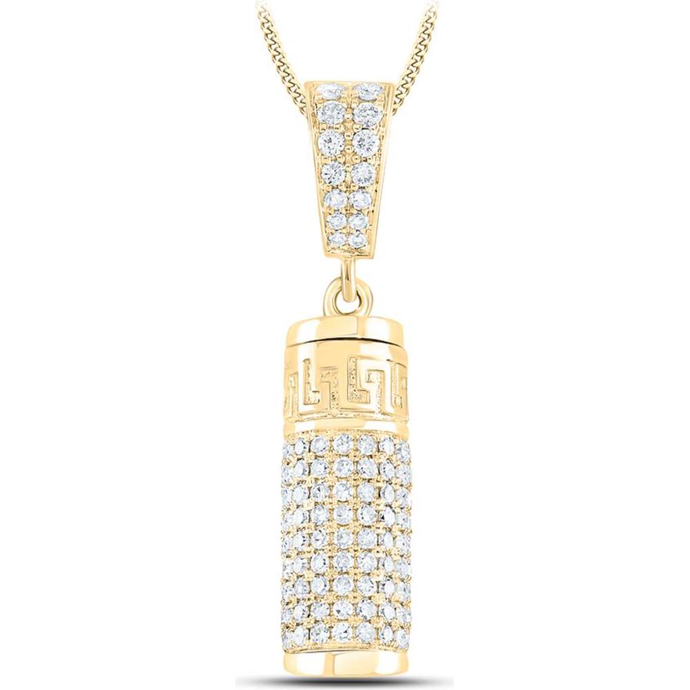 10K Yellow Gold Pavé-Set Round Diamond Cylinder Pendant with Greek Key Detail - 1.1 Carat Total Diamond Weight