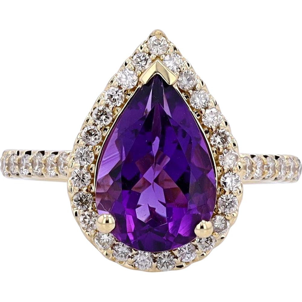 10K Yellow Gold Pear Cut Amethyst and Diamond Halo Ring - 2.50 Carat Amethyst, 1/2 Carat Diamond Total Weight