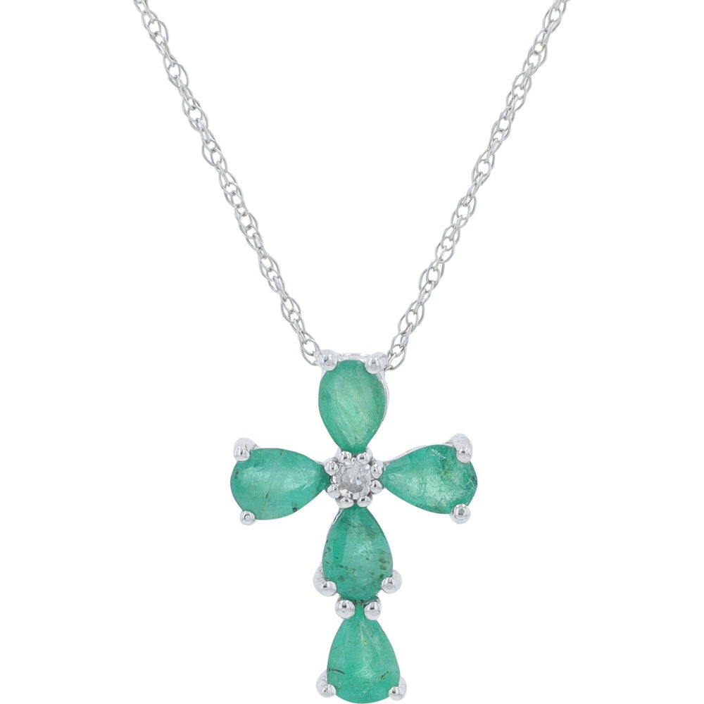 10K Yellow Gold Pear-Cut Emerald Cross Pendant with Round Diamond Accent - 0.65 Carat to 0.75 Carat Emerald and 0.03 Carat Diamond Total Weight