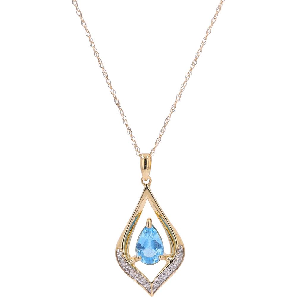 10K Yellow Gold Pear Cut Swiss Blue Topaz Pendant with Diamond Accents - 0.07 Carat Total Diamond Weight
