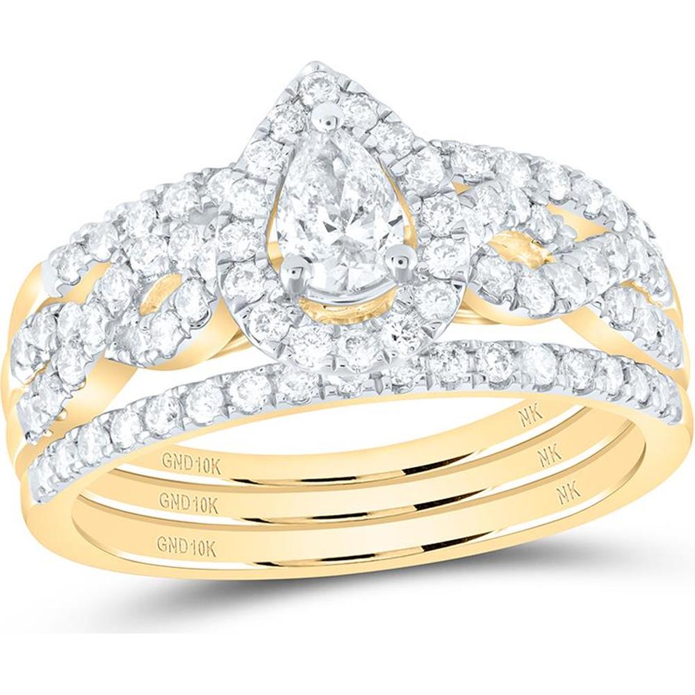 10K Yellow Gold Pear Diamond 3-Piece Bridal Wedding Ring Set with Round Diamond Halo - 7/8 Carat Total Weight