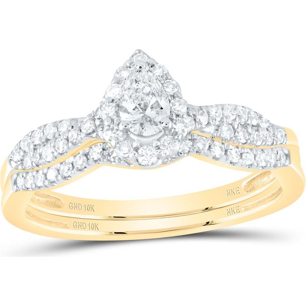 10K Yellow Gold Pear Diamond Halo Bridal Wedding Ring Set with Round Diamonds and Blue Sapphire - 1/2 Carat Total Diamond Weight