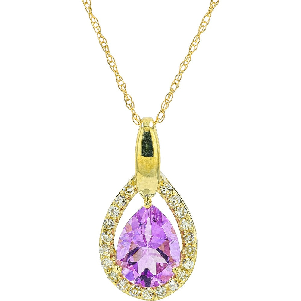10K Yellow Gold Pear-Shaped Amethyst Pendant with Diamond Halo - 1.10 Carat Amethyst and 0.13 Carat Total Diamond Weight