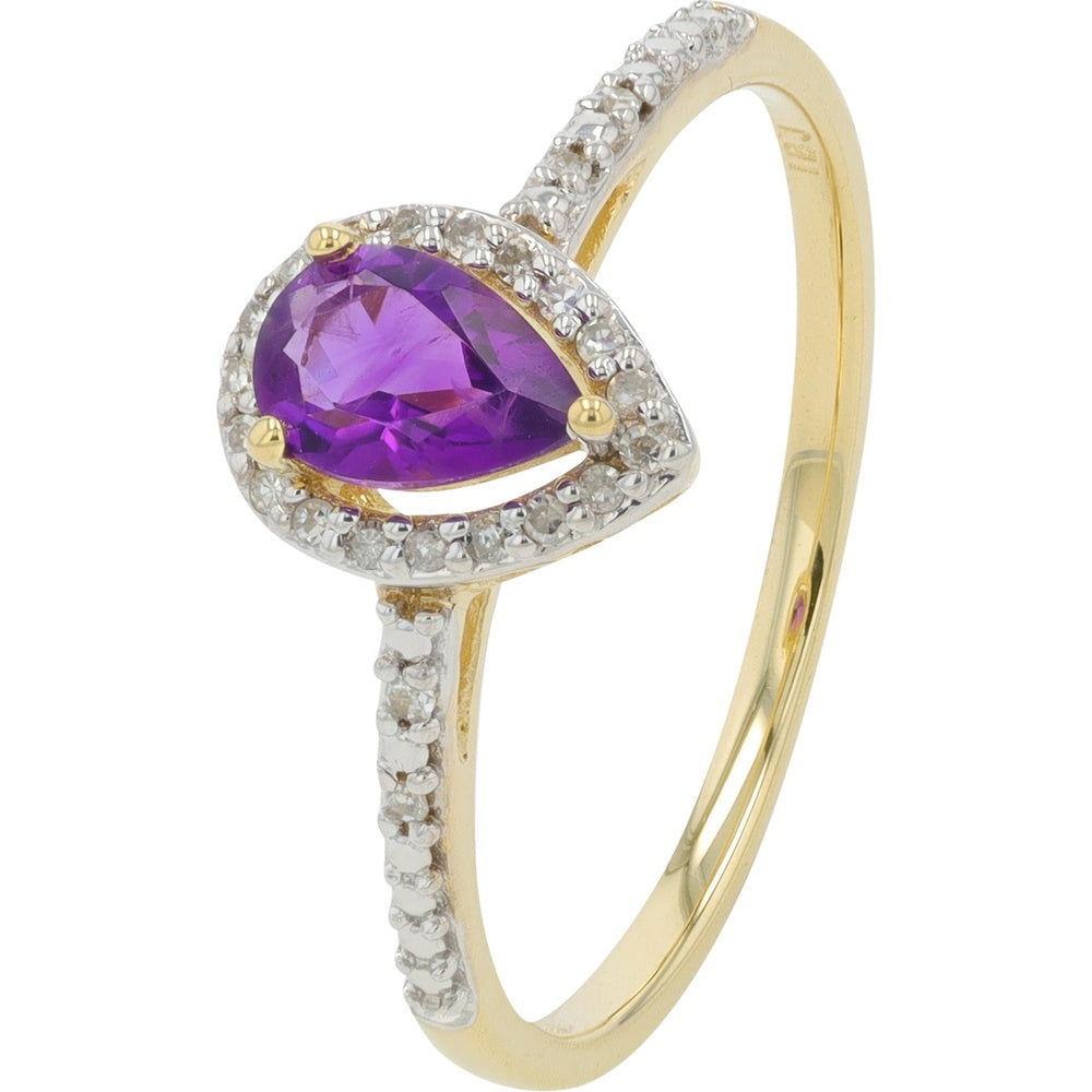 10K Yellow Gold Pear-Shaped Amethyst Ring with Diamond Halo Accents - 0.06 Carat Total Diamond Weight