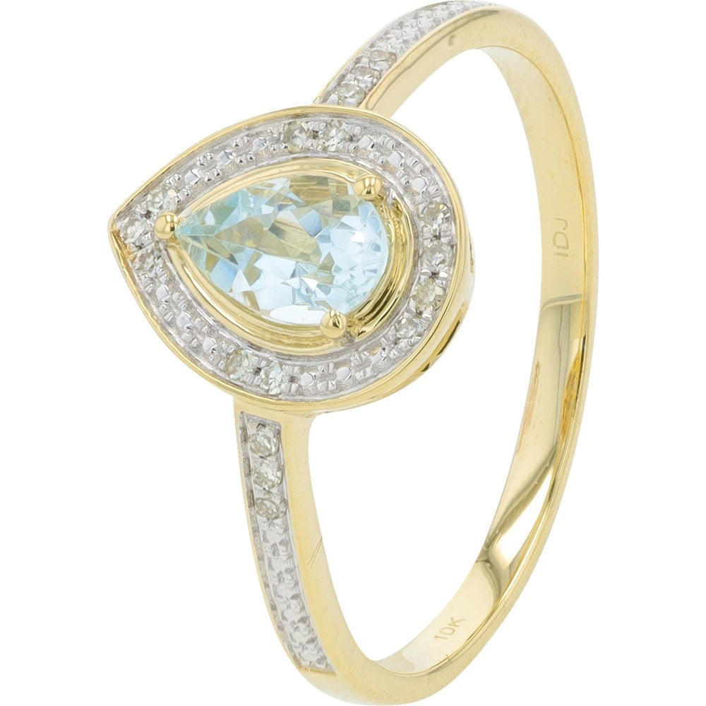 10K Yellow Gold Pear-Shaped Aqua Gemstone Halo Ring with Pavé Diamond Accents - 0.05 Carat Total Diamond Weight