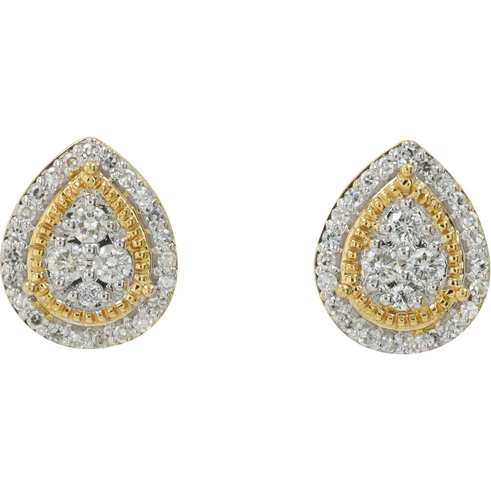 10K Yellow Gold Pear-Shaped Cluster Diamond Stud Earrings with Double Halo and Milgrain Detailing - 0.20 Carat Total Diamond Weight
