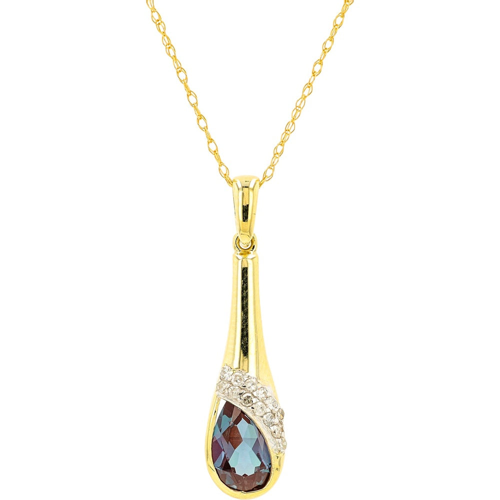 10K Yellow Gold Pear-Shaped Created Alexandrite Pendant with Diamond Accent - 0.07 Carat Total Diamond Weight