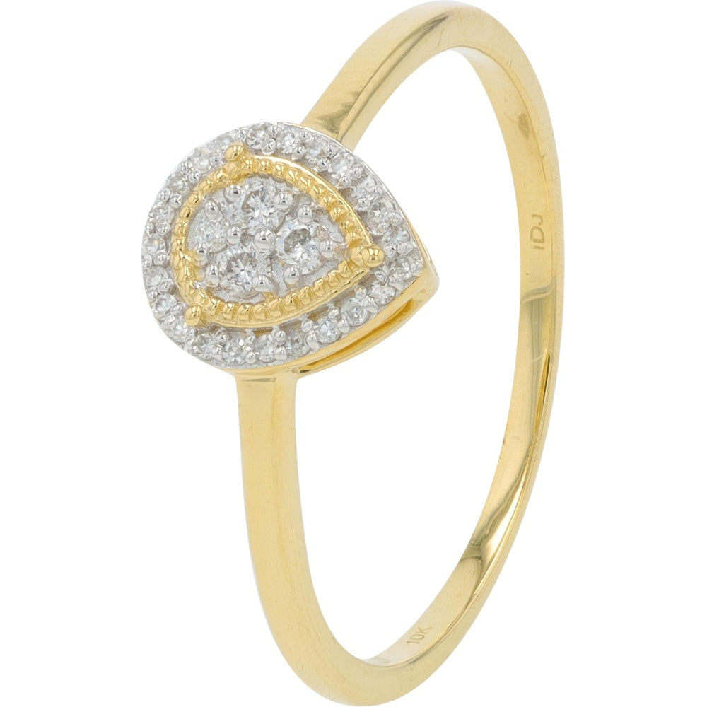 10K Yellow Gold Pear-Shaped Diamond Cluster Ring with Milgrain Detail and Double Halo Setting - 0.10 Carat Total Diamond Weight