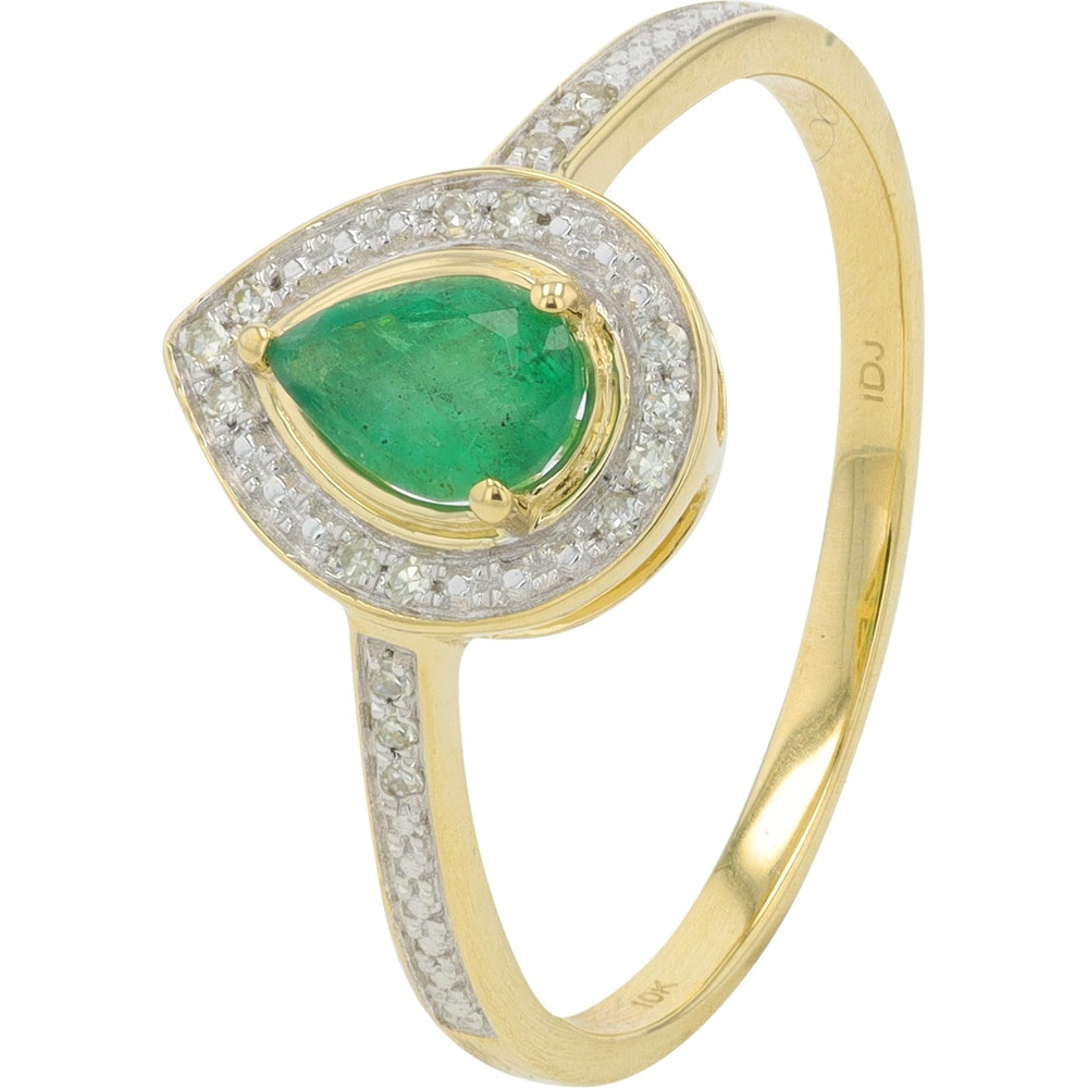10K Yellow Gold Pear-Shaped Emerald Halo Ring with Diamond Accented Band - 0.16 Carat Total Diamond Weight