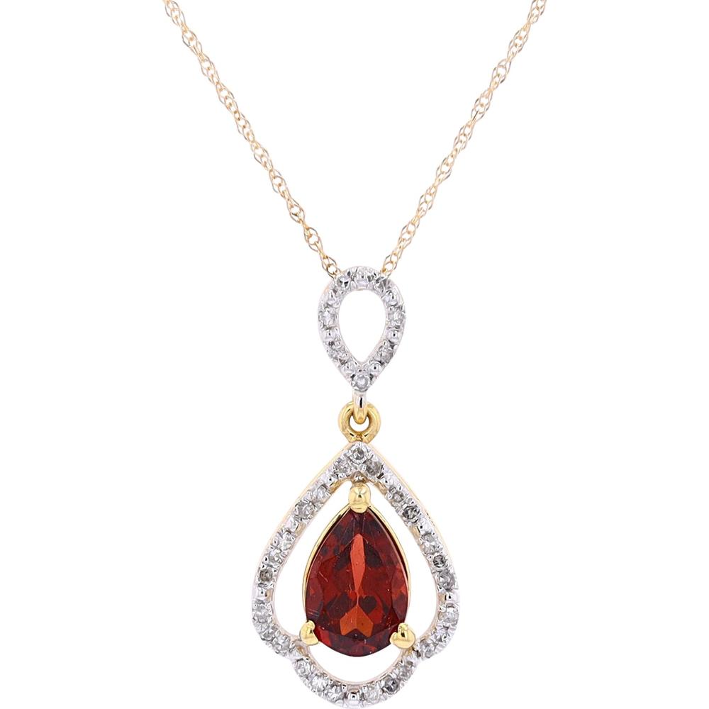 10K Yellow Gold Pear-Shaped Garnet and Diamond Halo Teardrop Pendant Necklace - 0.15 Carats Diamond Weight