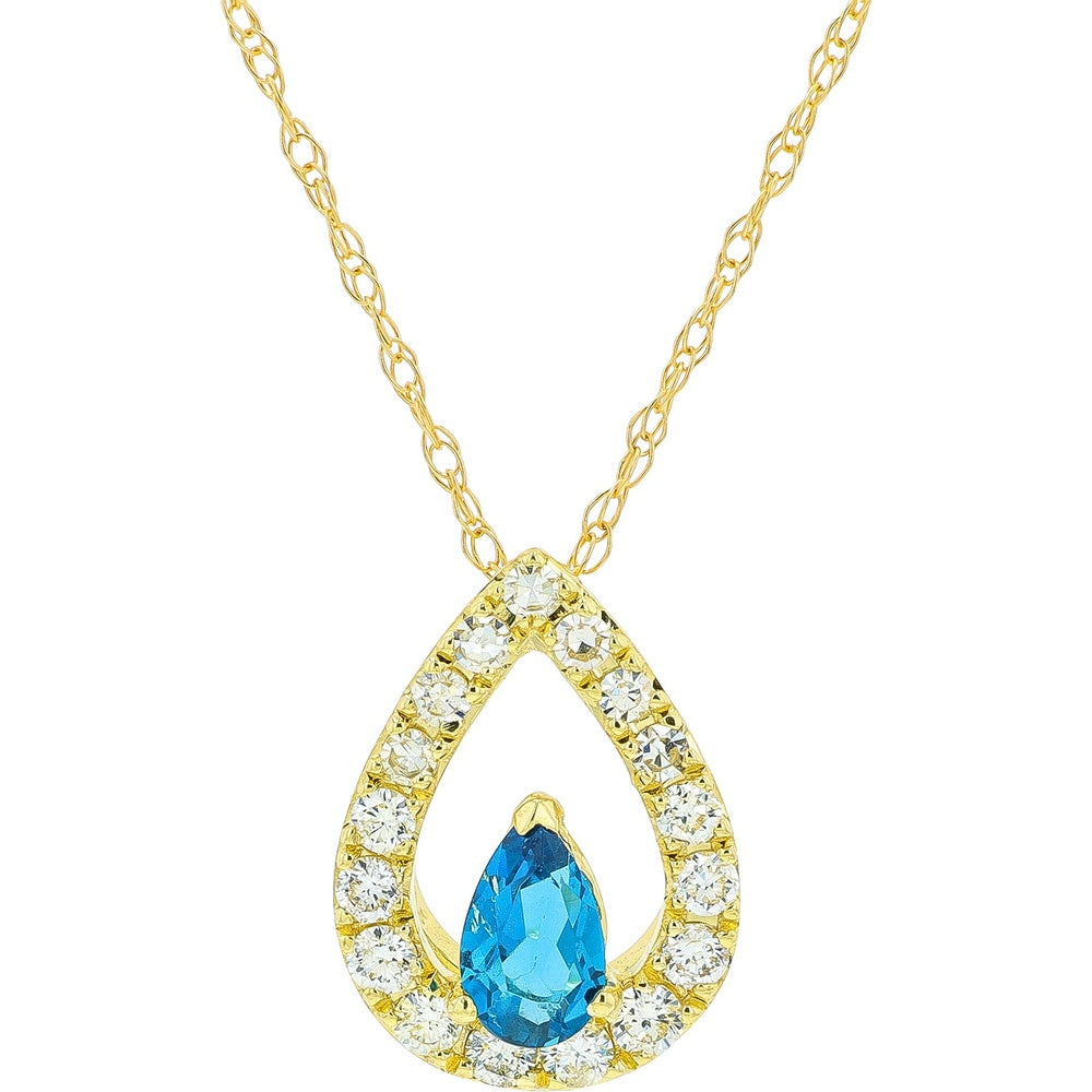 10K Yellow Gold Pear-Shaped Halo Pendant with London Blue Topaz and Round Diamonds - 0.18 Carat Total Diamond Weight