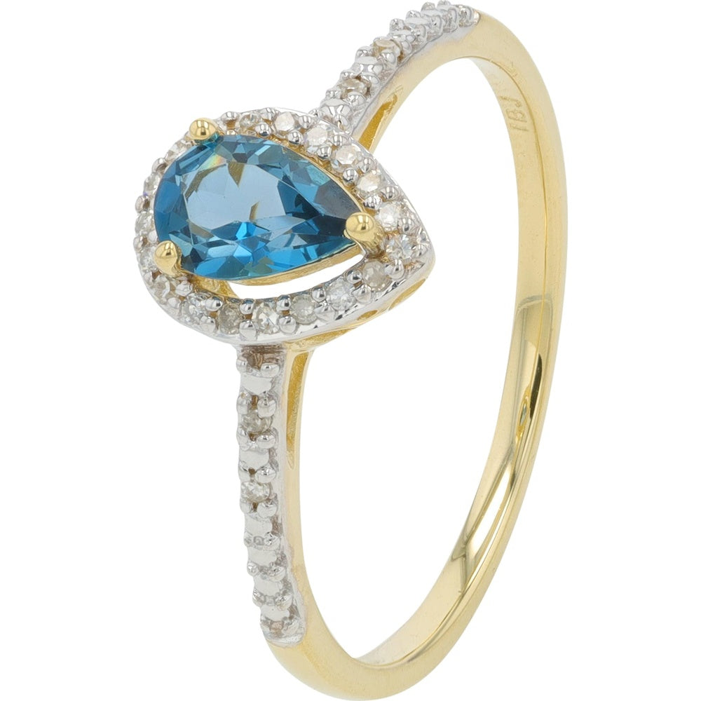 10K Yellow Gold Pear-Shaped London Blue Topaz Ring with Diamond Halo and Milgrain Detail - 0.06 Carat Total Diamond Weight