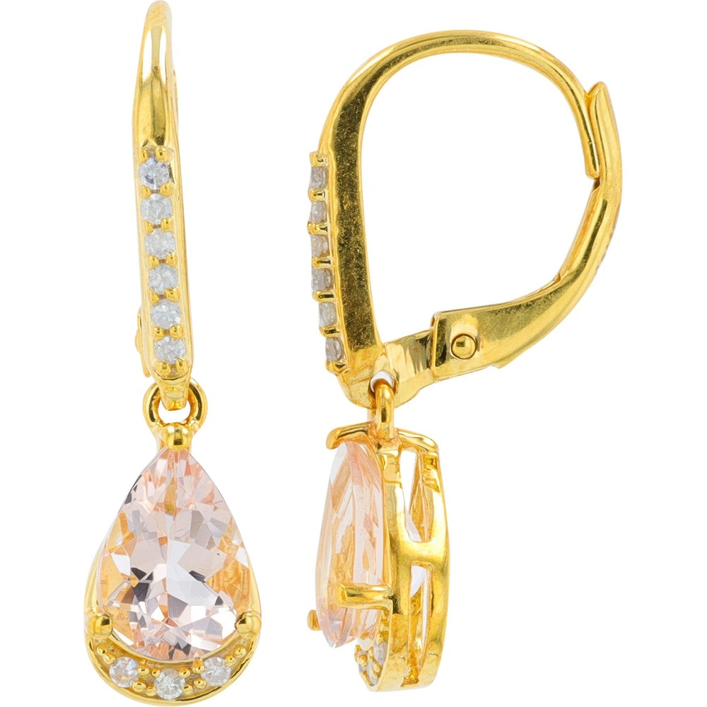 10K Yellow Gold Pear-Shaped Morganite Drop Earrings with Pavé Diamond Accents - 2.40 Carat Total Morganite Weight and 0.07 Carat Total Diamond Weight