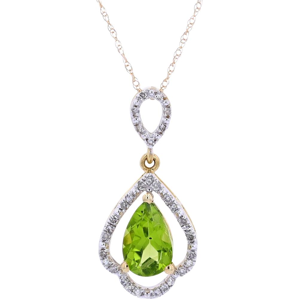 10K Yellow Gold Pear-Shaped Peridot and Diamond Halo Pendant Necklace - 0.15 Carats Diamond Total Weight, 0.90 Carats Peridot