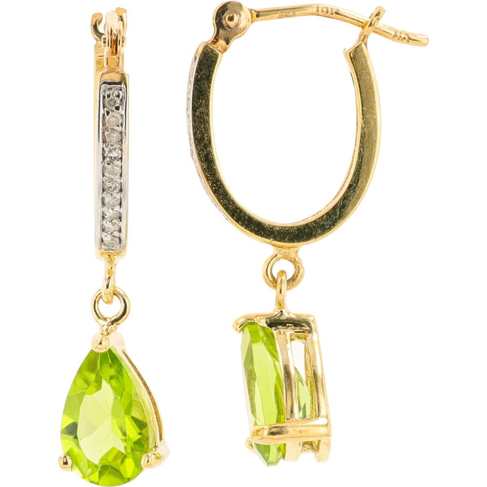 10K Yellow Gold Pear-Shaped Peridot Drop Earrings with Pave-Set Diamond Accents - 1.60 Carat Total Peridot Weight and 0.06 Carat Total Diamond Weight