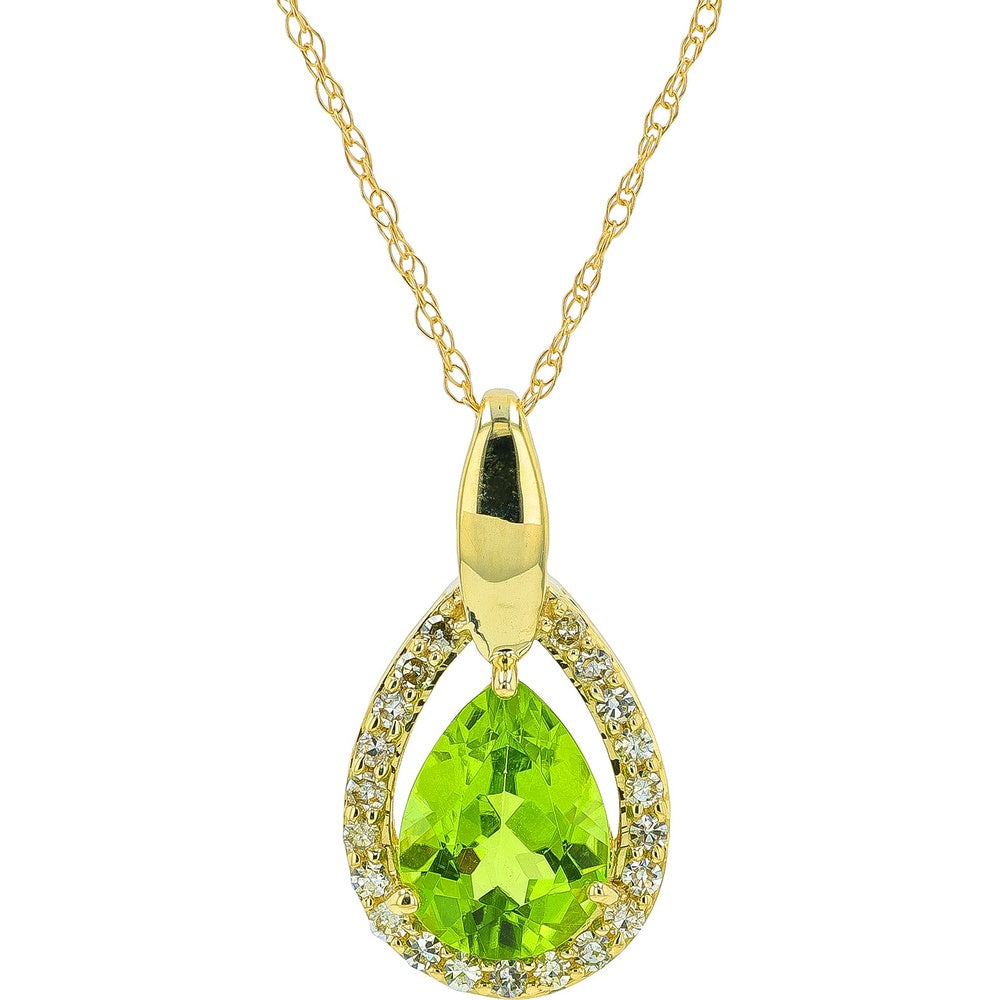 10K Yellow Gold Pear-Shaped Peridot Pendant with Diamond Halo - 1.10 Carat Peridot and 0.13 Carat Total Diamond Weight