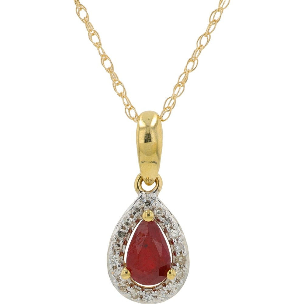 10K Yellow Gold Pear-Shaped Ruby Pendant with Diamond Halo Accents - 0.06 Carat Ruby and 0.06 Carat Total Diamond Weight