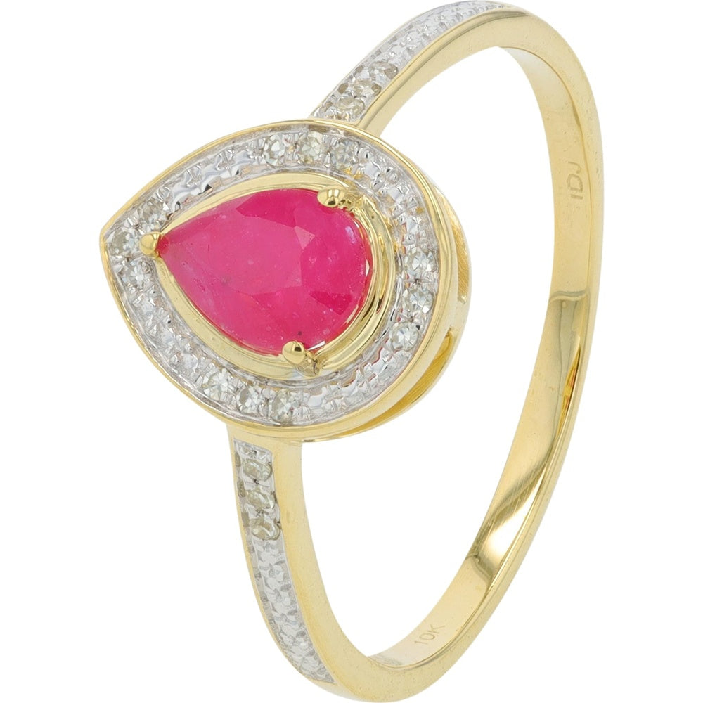 10K Yellow Gold Pear-Shaped Ruby Ring with Diamond Halo and Milgrain Detail - 0.16 Carat Total Diamond Weight and 0.38 Carat-0.50 Carat Ruby