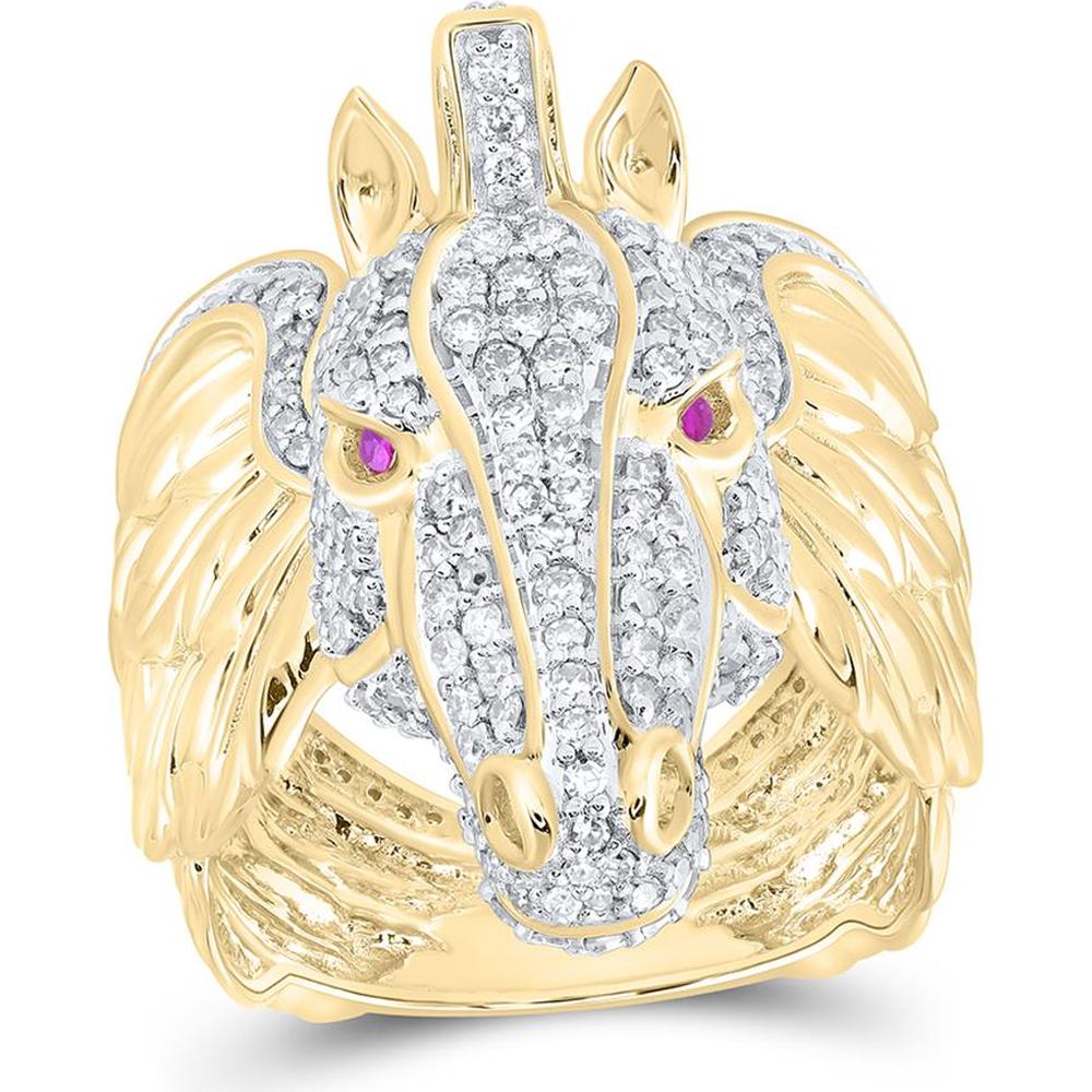 10K Yellow Gold Pegasus Ring with Round Diamonds and Ruby Eyes - 2.08 Carat Total Gem Weight