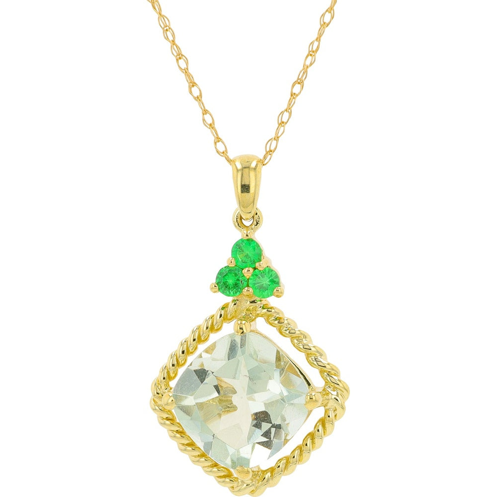 10K Yellow Gold Pendant Necklace with Cushion-Cut Green Amethyst and Tsavorite Accents - 1.75 Carat Total Gem Weight