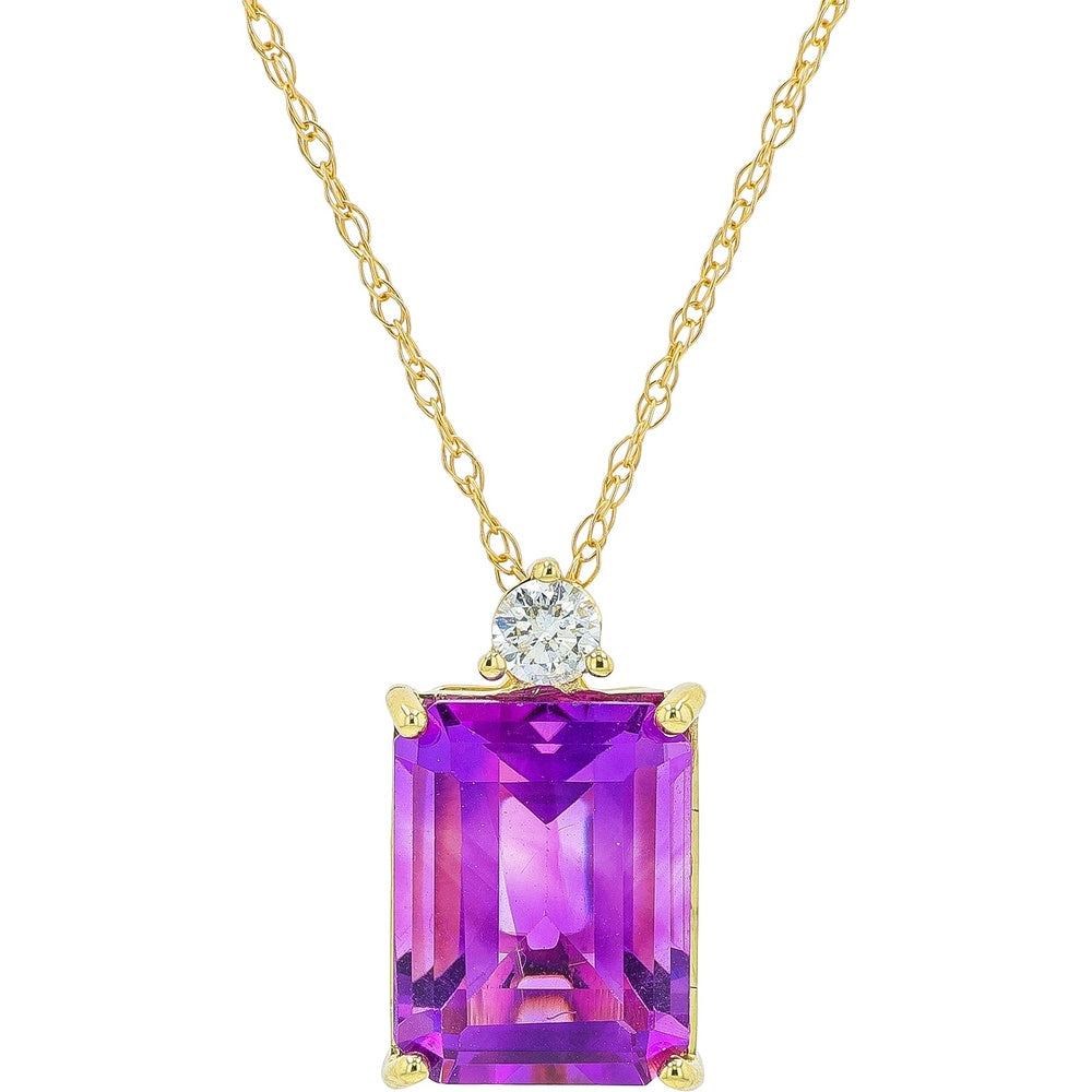 10K Yellow Gold Pendant Necklace with Emerald-Cut Amethyst and Round Diamond Accent - 2.25 Carat Amethyst and 0.06 Carat Diamond Total Weight