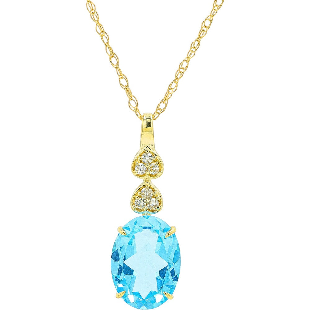 10K Yellow Gold Pendant Necklace with Oval-Cut Blue Topaz and Pavé-Set Round Diamond Accents - 0.75 to 1.33 Carat Total Gemstone Weight
