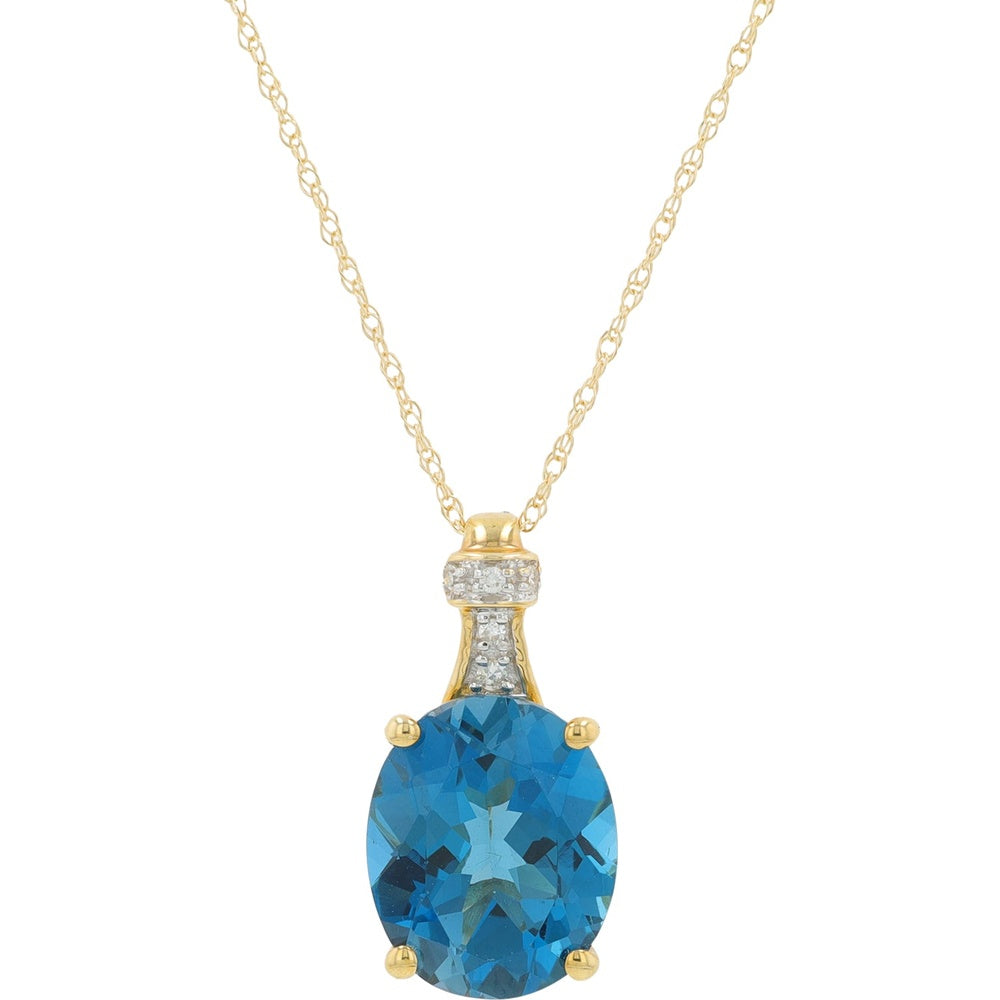 10K Yellow Gold Pendant Necklace with Oval London Blue Topaz and Diamond Accented Bail - 4.10 Carat Total Topaz Weight