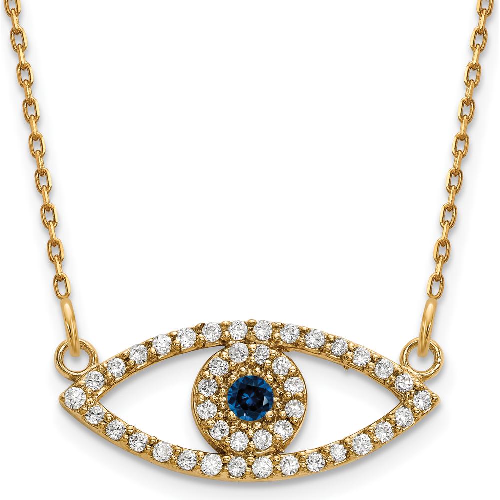 10K Yellow Gold Pendant Necklace with Round Diamonds and Sapphire Evil Eye Charm - 0.07 Carat Sapphire, 0.004 Carat Total Diamond Weight