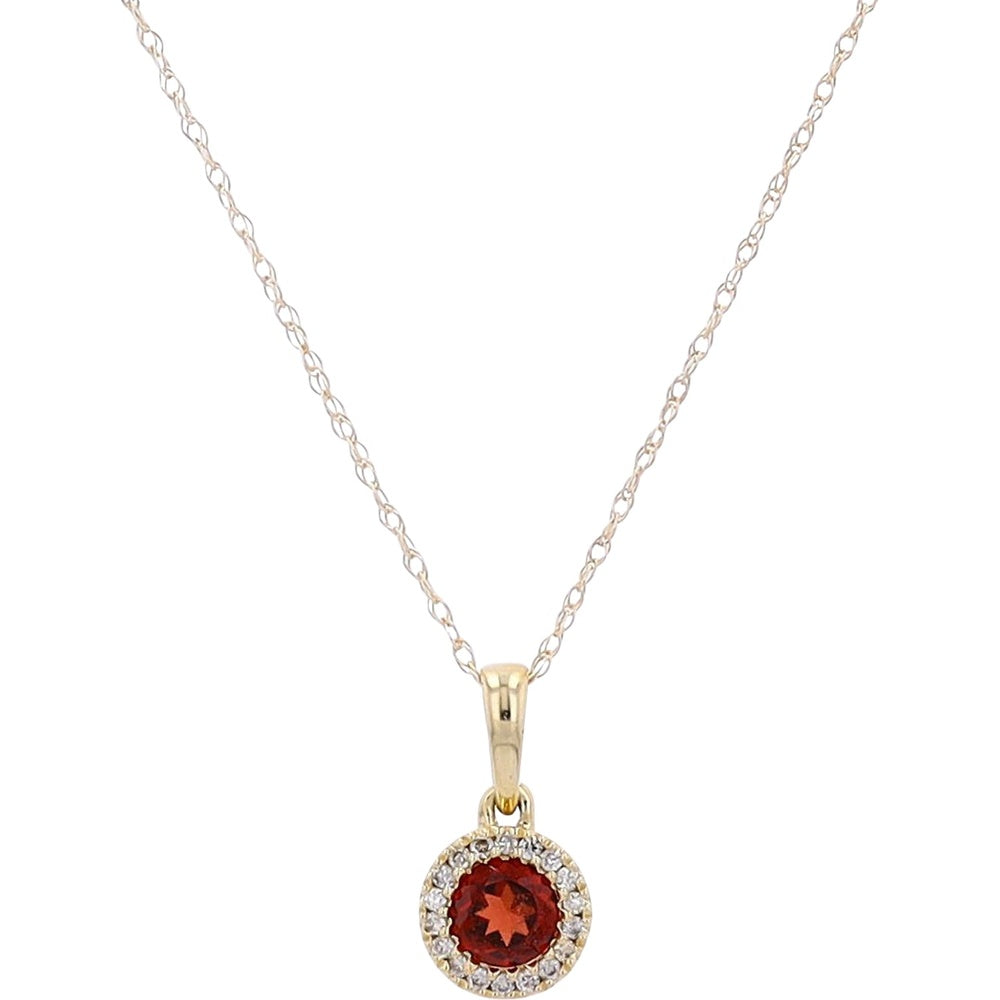 10K Yellow Gold Pendant Necklace with Round Garnet and Diamond Halo - 0.06 Carat Total Diamond Weight