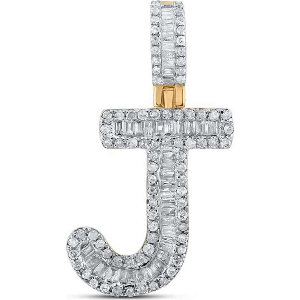 10K Yellow Gold Pendant with Channel-Set Baguette and Pave-Set Round Diamonds in "J" Initial Design - 3/8 Carat Total Diamond Weight