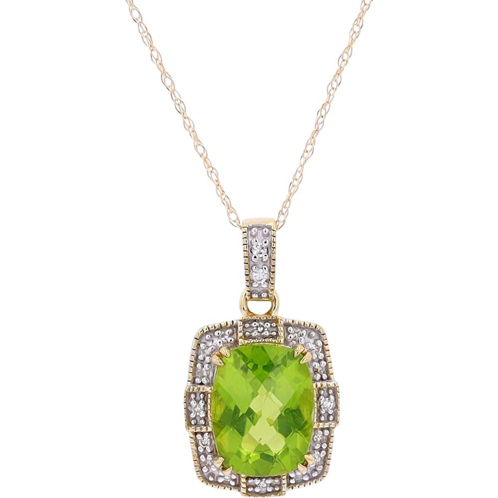 10K Yellow Gold Pendant with Cushion-Cut Peridot and Diamond Halo - 0.07 Carats Diamond Total Weight
