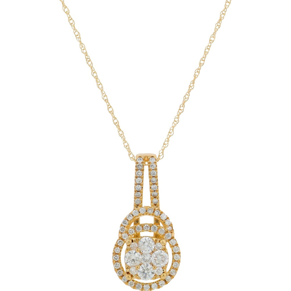 10K Yellow Gold Pendant with Double-Halo Set Round Diamond Cluster - 0.50 Carat Total Diamond Weight