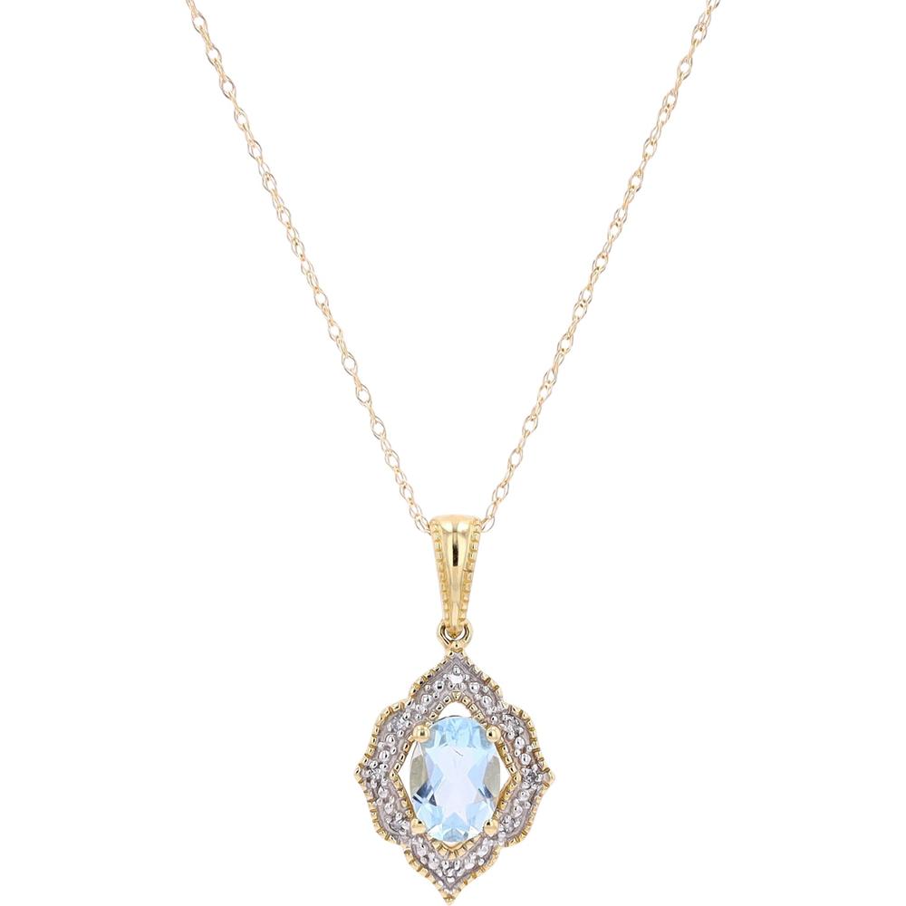 10K Yellow Gold Pendant with Oval Aquamarine and Diamond Halo - 0.03 Carats Total Diamond Weight