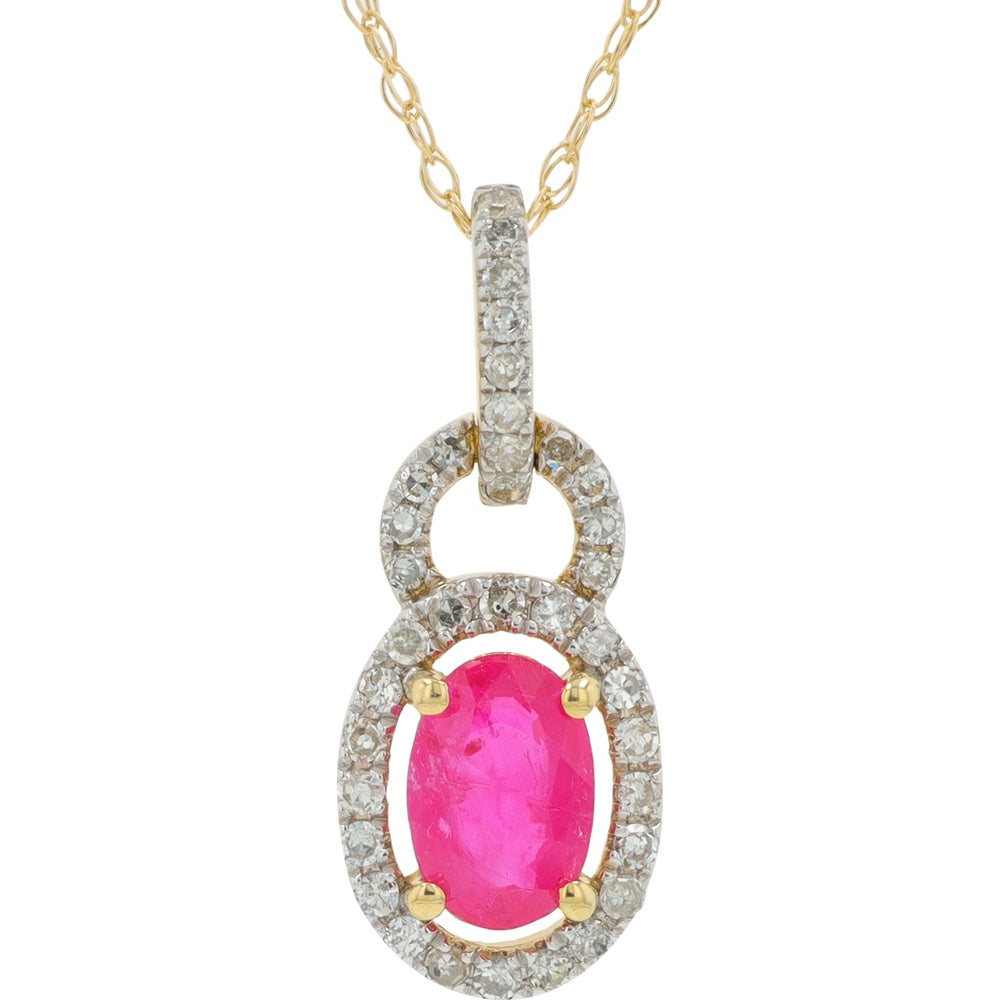 10K Yellow Gold Pendant with Oval Ruby and 0.20 Carat Diamond Halo