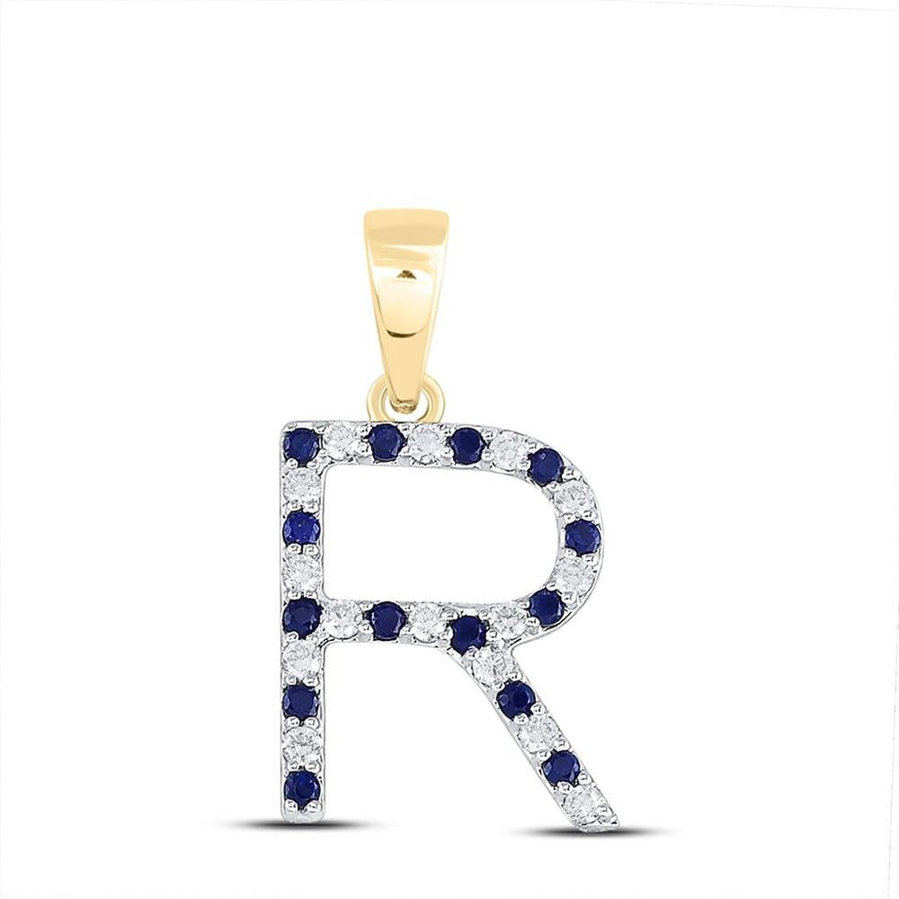 10K Yellow Gold Pendant with Prong-Set Round Blue Sapphires and Round Diamonds in Letter R - 0.33 Carat Total Gemstone Weight