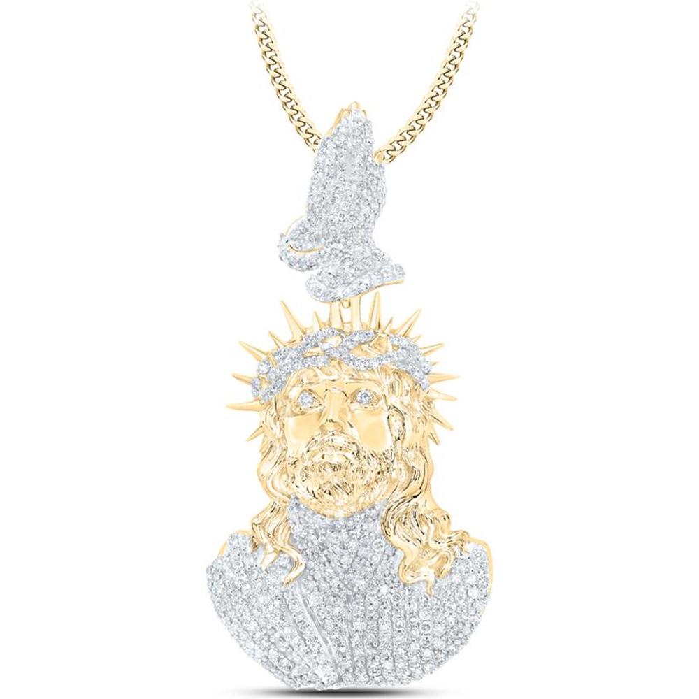 10K Yellow Gold Pendant with Prong-Set Round Diamonds Depicting Jesus and Prayer Hands - 2.00 Carat Total Diamond Weight