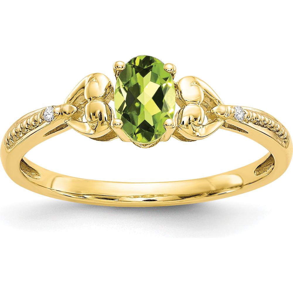 10K Yellow Gold Peridot and Diamond Ring with Prong Set Oval Peridot - 0.45 Carat Peridot, 0.01 Carat Total Diamond Weight