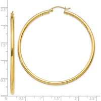 10K Yellow Gold Polished 2.5mm Lightweight Tube Hoop Earrings - 55mm Length