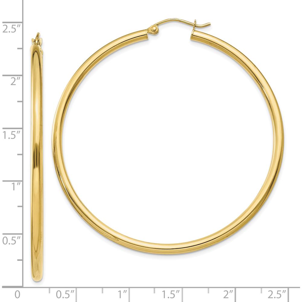 10K Yellow Gold Polished 2.5mm Lightweight Tube Hoop Earrings - 55mm Length