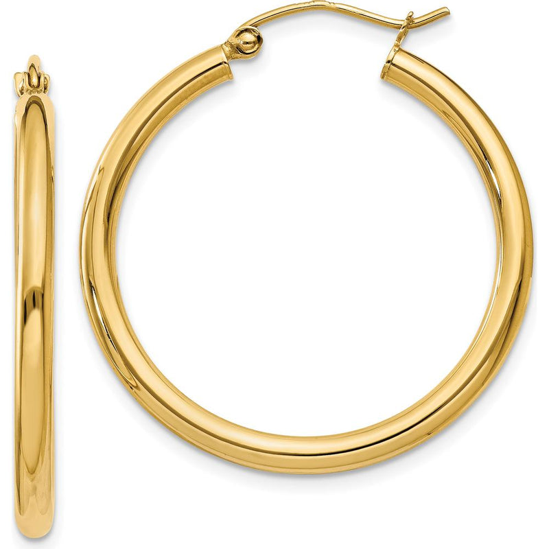 10K Yellow Gold Polished 2.5mm Tube Hoop Earrings - 25mm Length