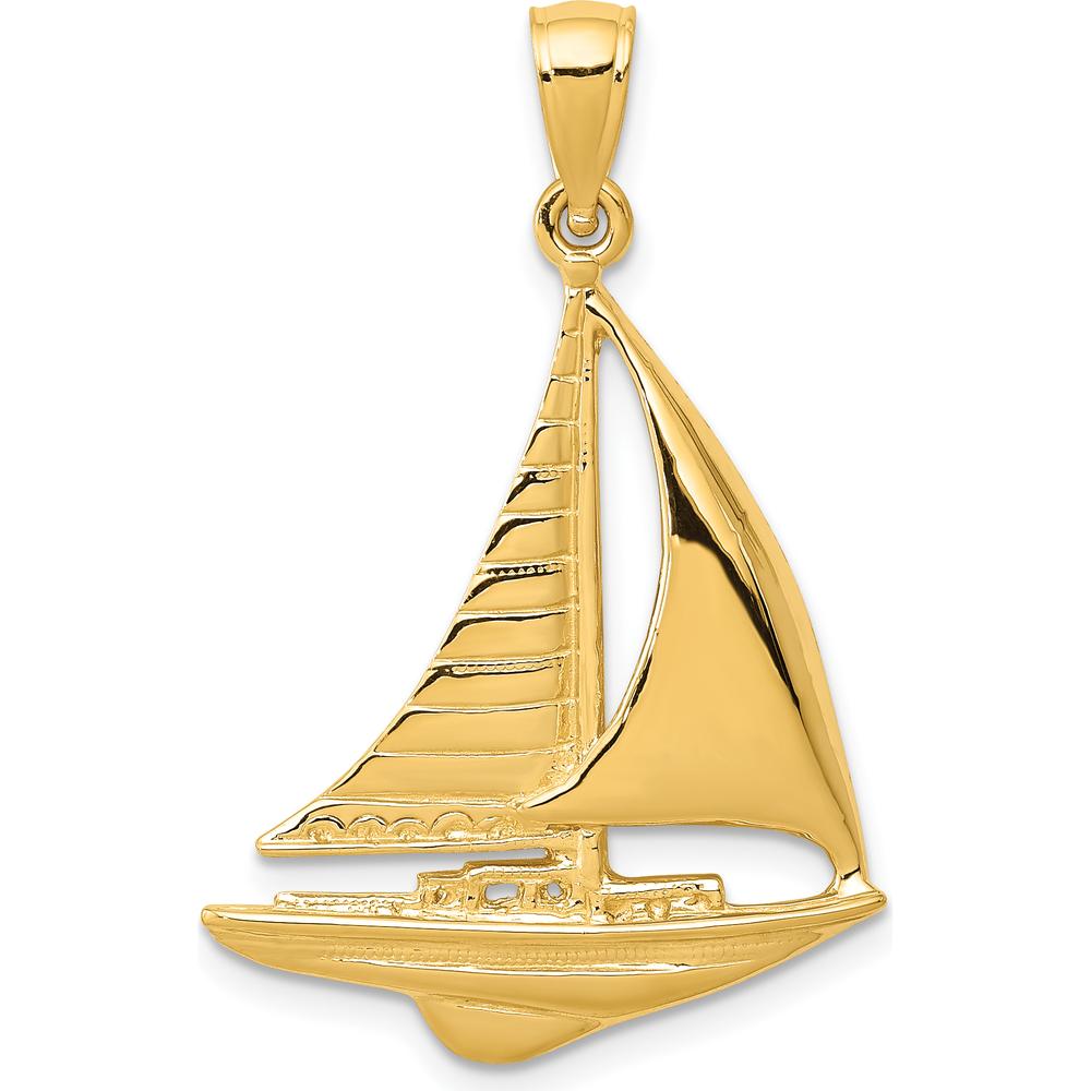 10K Yellow Gold Polished 2D Sailboat Pendant - Nautical Charm for Ocean Lovers