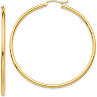 10K Yellow Gold Polished 2mm Lightweight Tube Hoop Earrings - 50mm Length