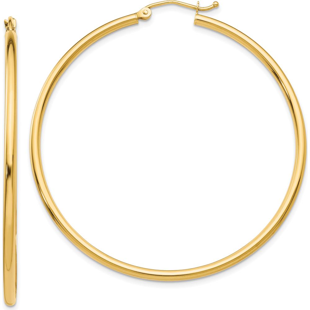 10K Yellow Gold Polished 2mm Lightweight Tube Hoop Earrings - 50mm Length