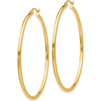 10K Yellow Gold Polished 2mm Lightweight Tube Hoop Earrings - 50mm Length